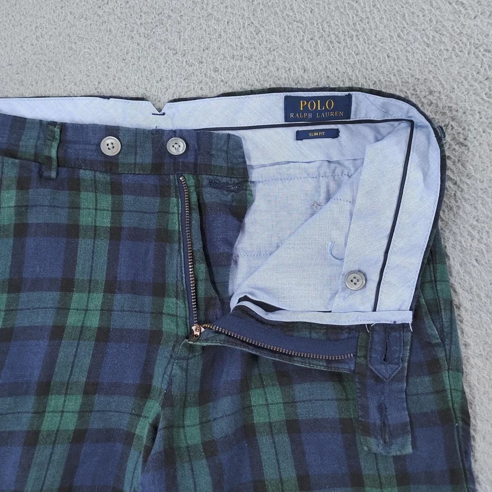 Polo Ralph Lauren Shorts Mens 30 Blue Green Plaid Linen Slim Fit Chino Casual